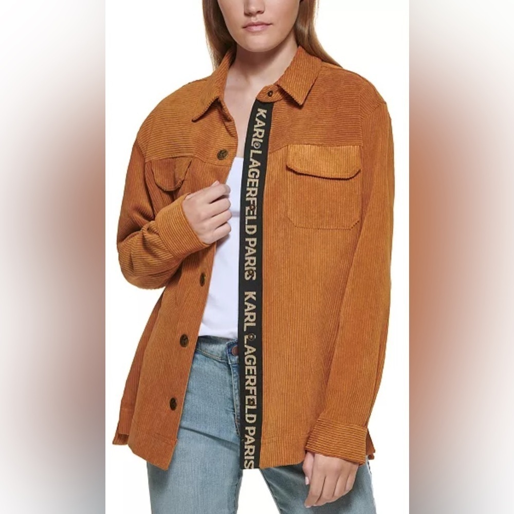 Karl Lagerfeld Brown Corduroy Utility Ribbed Shacket Button Up Front Pocket XSm